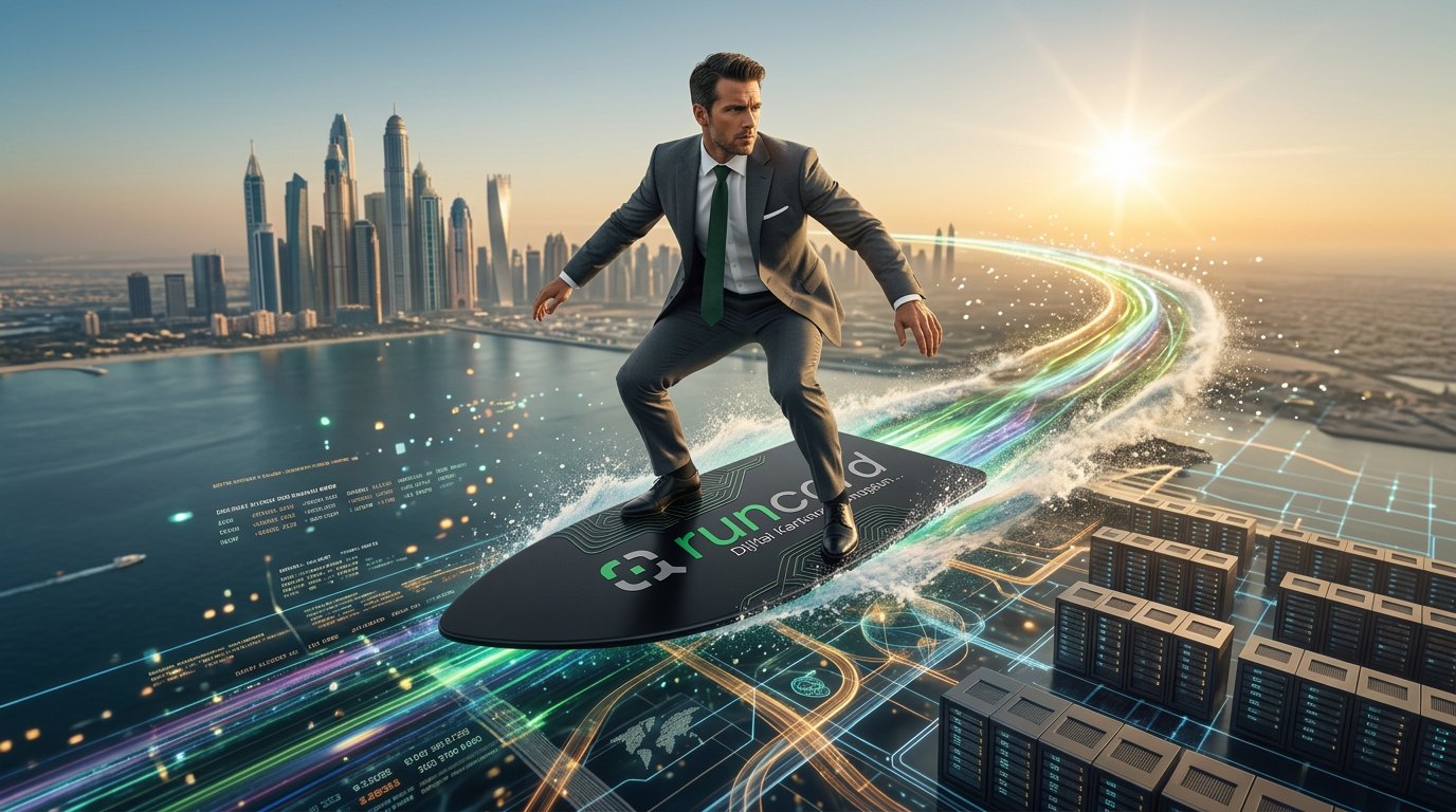 Run Card baskılı sörf tahtasında takım elbiseli adam