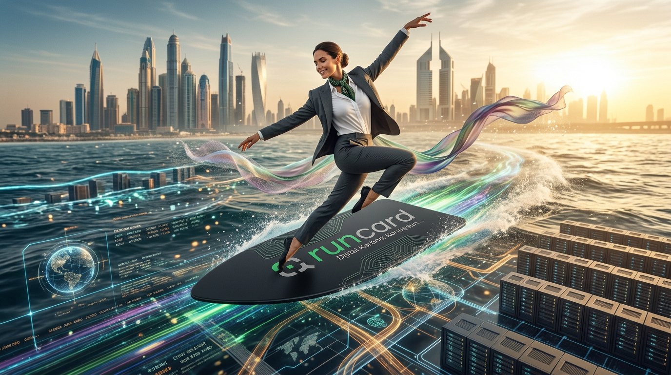Run Card baskılı sörf tahtasında takım elbiseli kadın